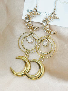 Moon Phases Faux Crystal Earring Dangles-Gold, Gold Filled Hooks