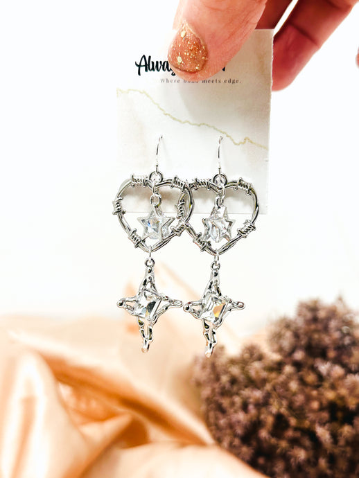 Stars and Wire Heart Earring Dangles-Silver, Sterling Silver Hooks.