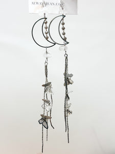 Dream Catcher Moon and Butterfly Tassel Earring Dangles-Silver, Sterling Silver Hooks.