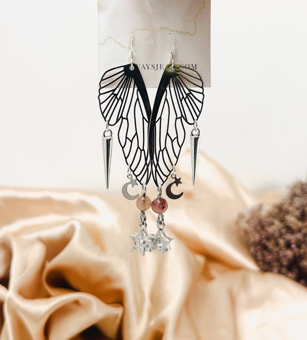 Butterfly Wing- Moon and Stars Earring Dangles-Silver, Sterling Silver Hooks.