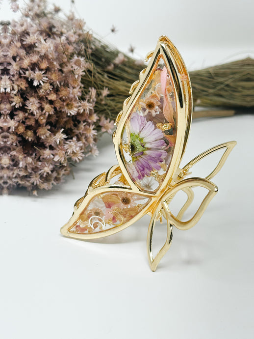 Purple Flower-Metal Butterfly Clip Infused with Real Flowers in Resin.
