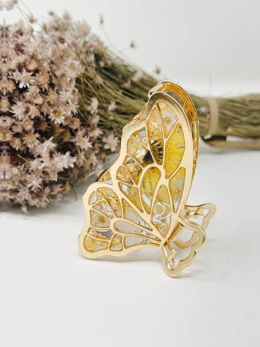 Yellow Daisy and Gold -Metal Butterfly Clip Infused with Real Flowers in Resin.
