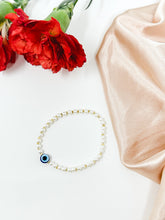 Load image into Gallery viewer, Gold and Pearl Beaded Evil Eye Bracelet