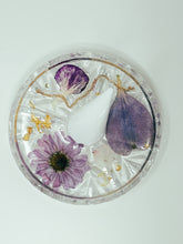 Load image into Gallery viewer, Pressed flower vintage Ring Dish and jewelry trinket tray-made from resin and real pressed flowers poured over top vintage glassware