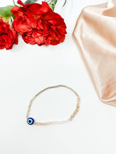 Load image into Gallery viewer, Gold and light Pink Pearl Colored Beaded Evil Eye Bracelet