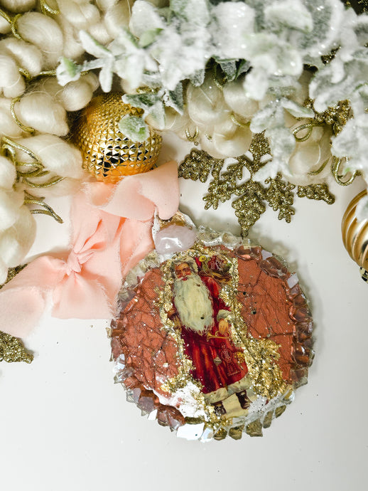 Vintage Santa Claus Ornament Large Bell shape with Rose quartz Crystal