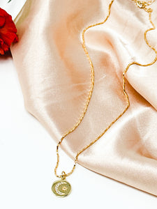 Moon and Sunburst Round Emblem- Gold Filled Necklace.