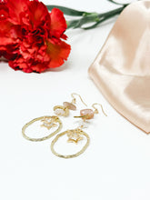 Load image into Gallery viewer, Sun Stone Crescent Moons and Stars in Hammered Hoop Earrings-14k hooks.