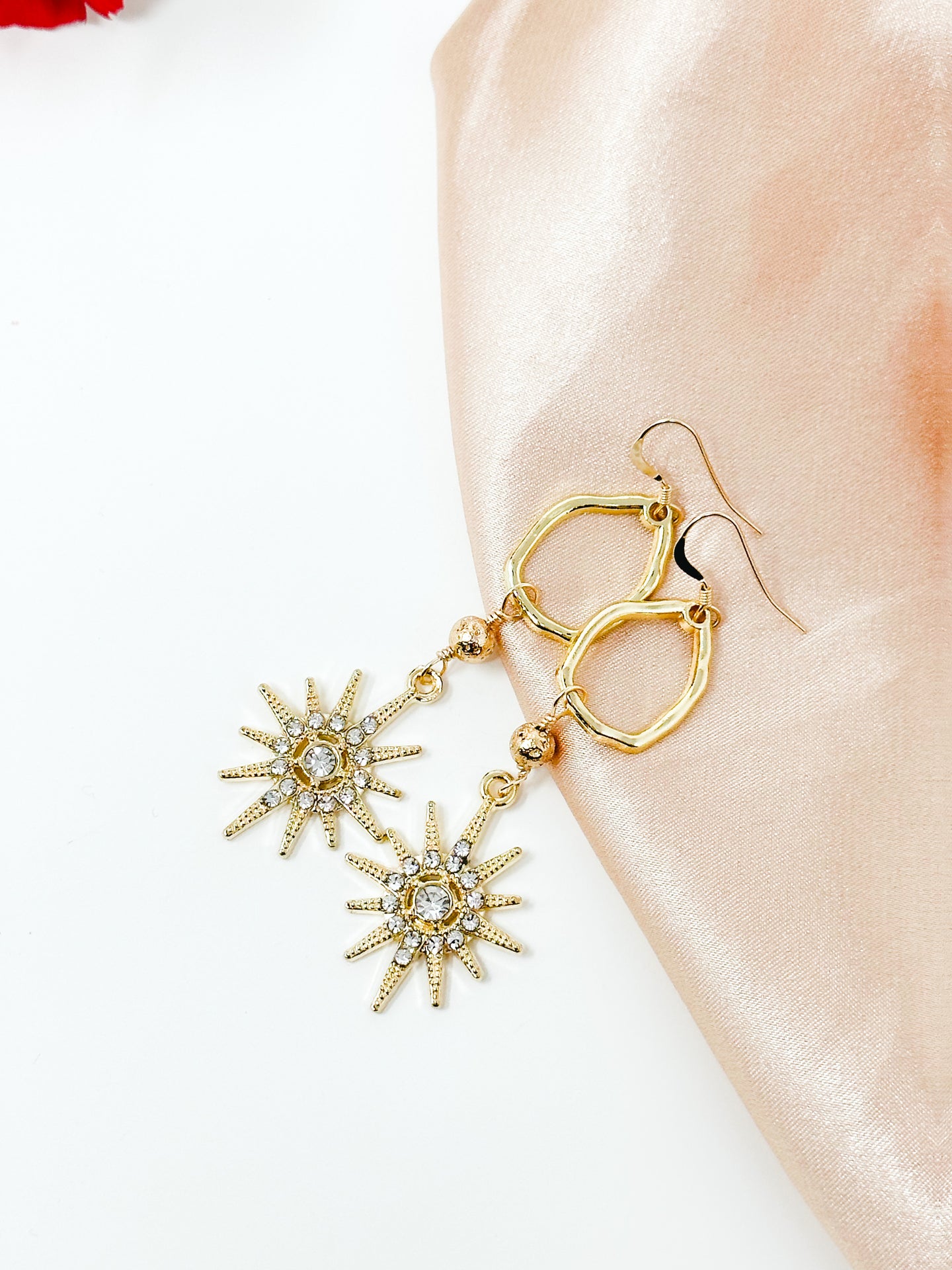Gemstone Starburst charms with gold plated lava rock and hoop earrings-14k hooks.
