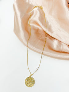 Sun Emblem With Clear Quartz-Gold Filled Necklace.