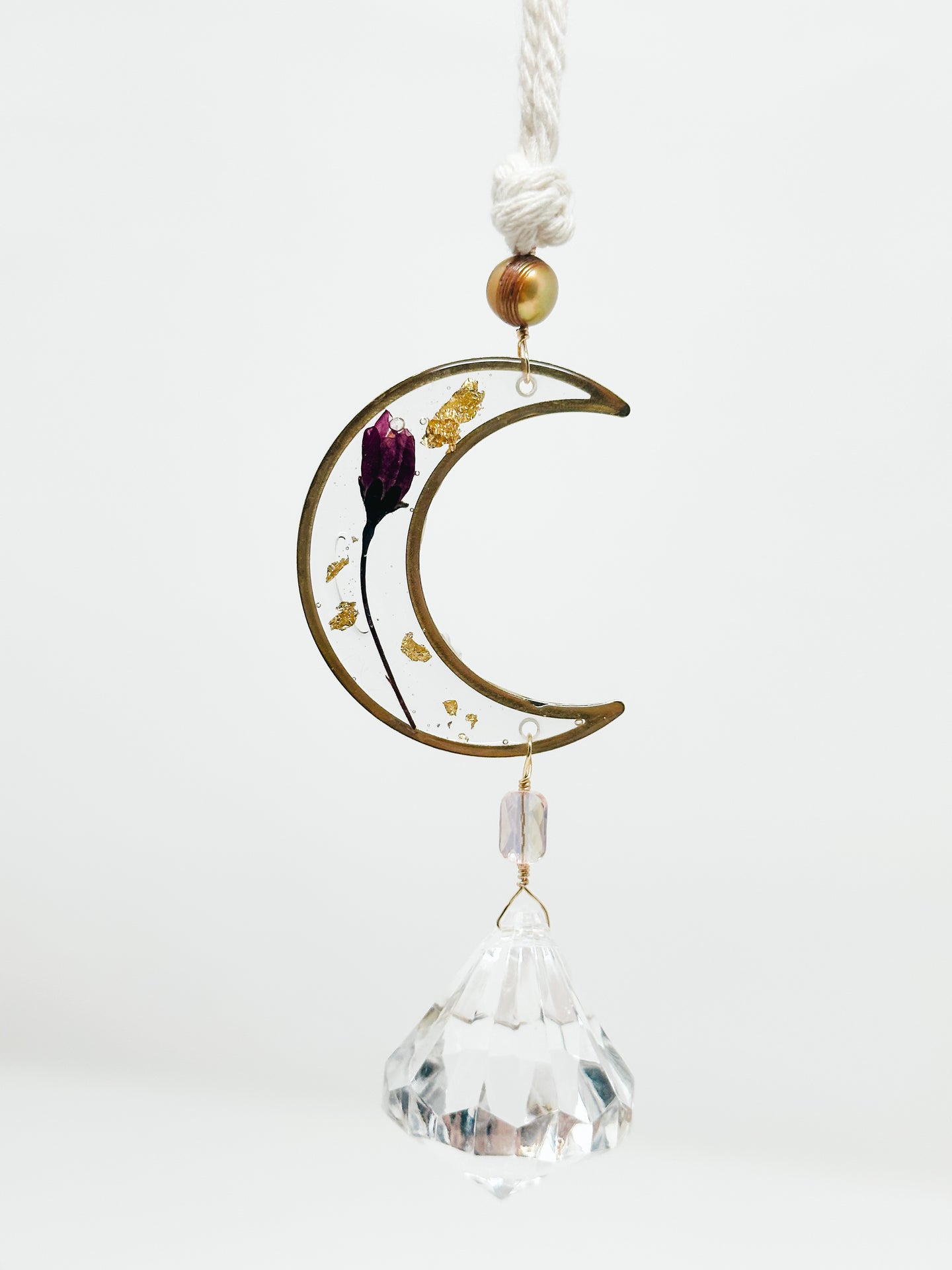 Rearview pearl and rose pressed flower-Moon Sun Catcher Accessory