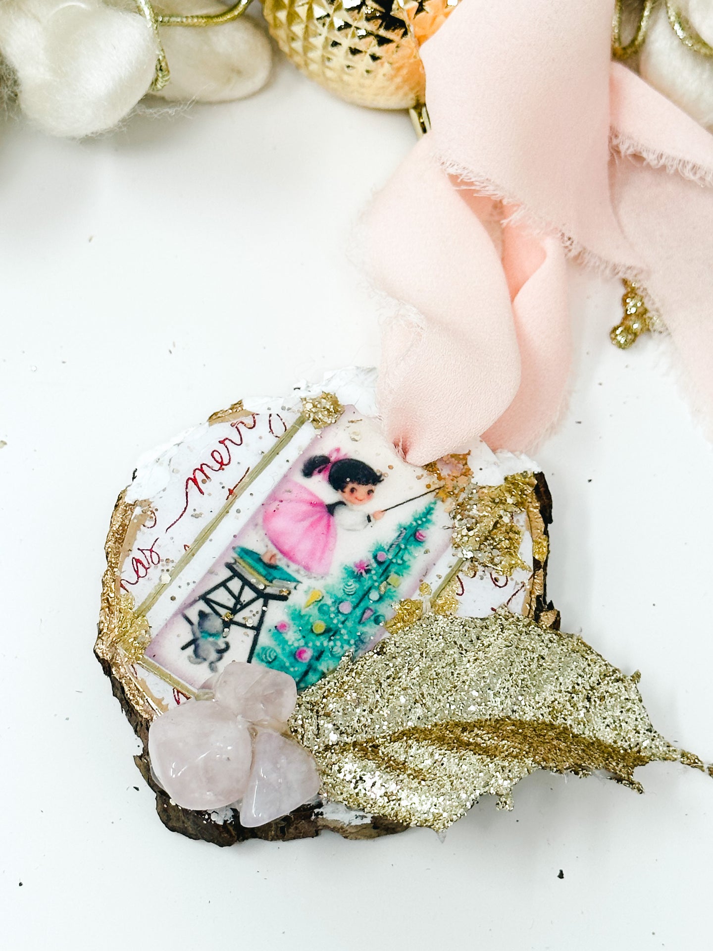 Vintage Christmas Sticker with Rose Quartz Crystals