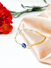 Load image into Gallery viewer, Gold and Pearl Colored Beaded Evil Eye Bracelet
