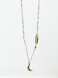 Moon Charm With Carabiner on Paper Clip Chain-Gold Filled Necklace.