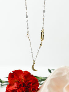 Moon Charm With Carabiner on Paper Clip Chain-Gold Filled Necklace.