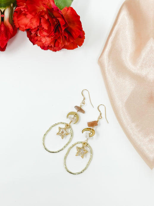 Sun Stone Crescent Moons and Stars in Hammered Hoop Earrings-14k hooks.