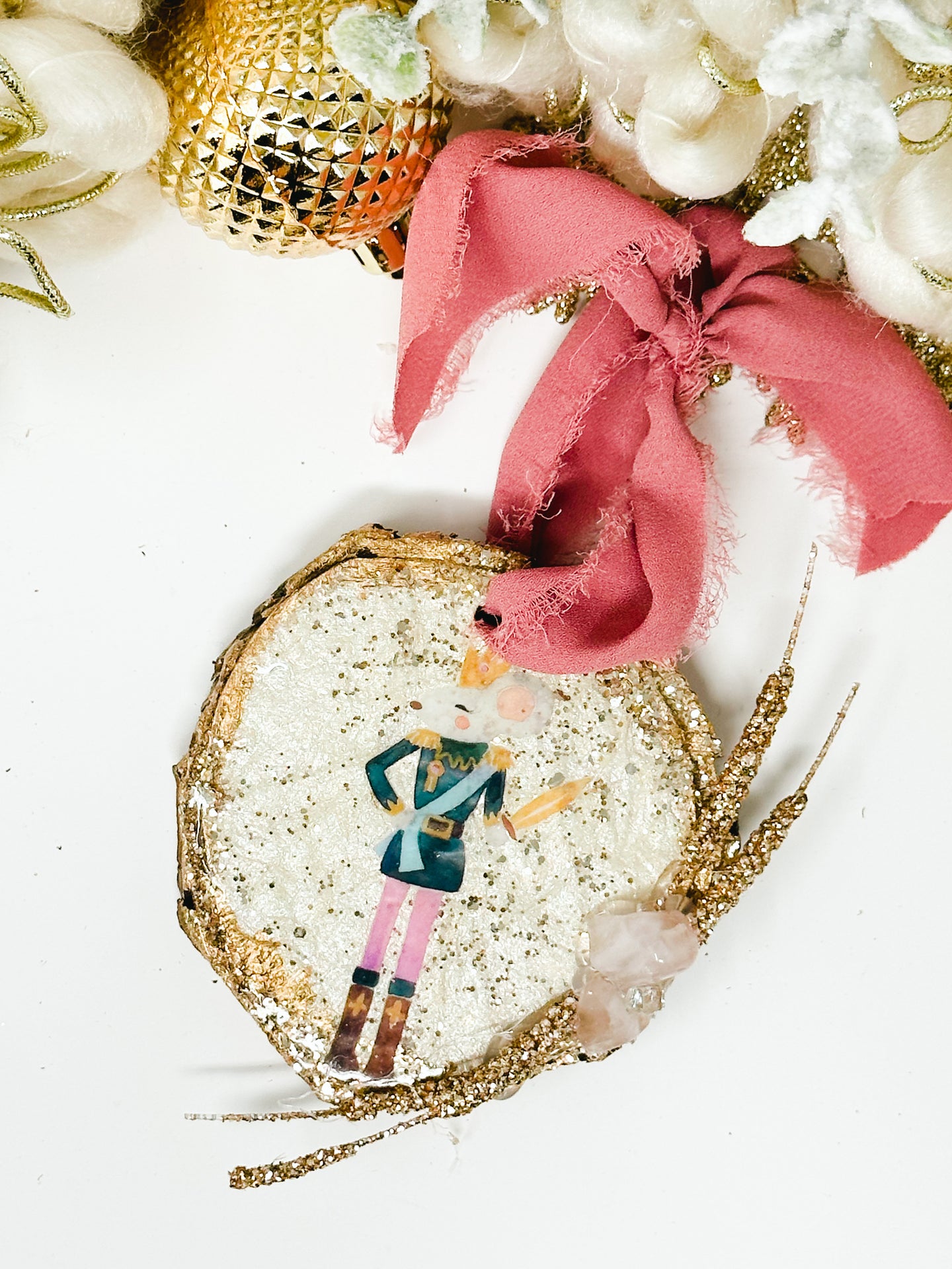 Nutcracker Mouse Christmas Ornament with Rose Quartz