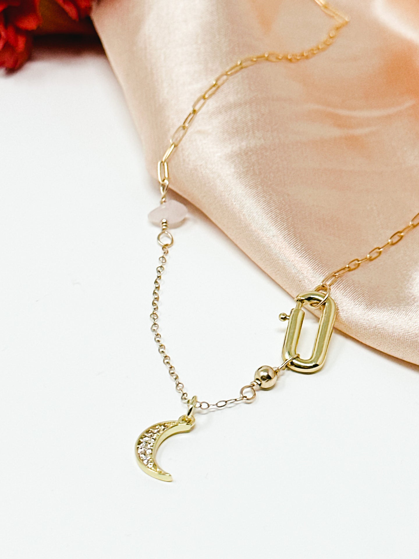 Moon Charm With Carabiner on Paper Clip Chain-Gold Filled Necklace.