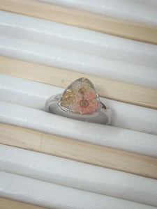 925 Sterling Silver Adjustable Ring-Coral and White flowers cast inside resin.