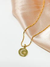 Load image into Gallery viewer, Moon and Sunburst Round Emblem- Gold Filled Necklace.
