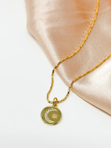 Moon and Sunburst Round Emblem- Gold Filled Necklace.