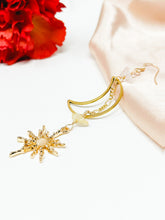 Load image into Gallery viewer, Moon Charms with gold chain and starburst sun earrings- 14k hooks