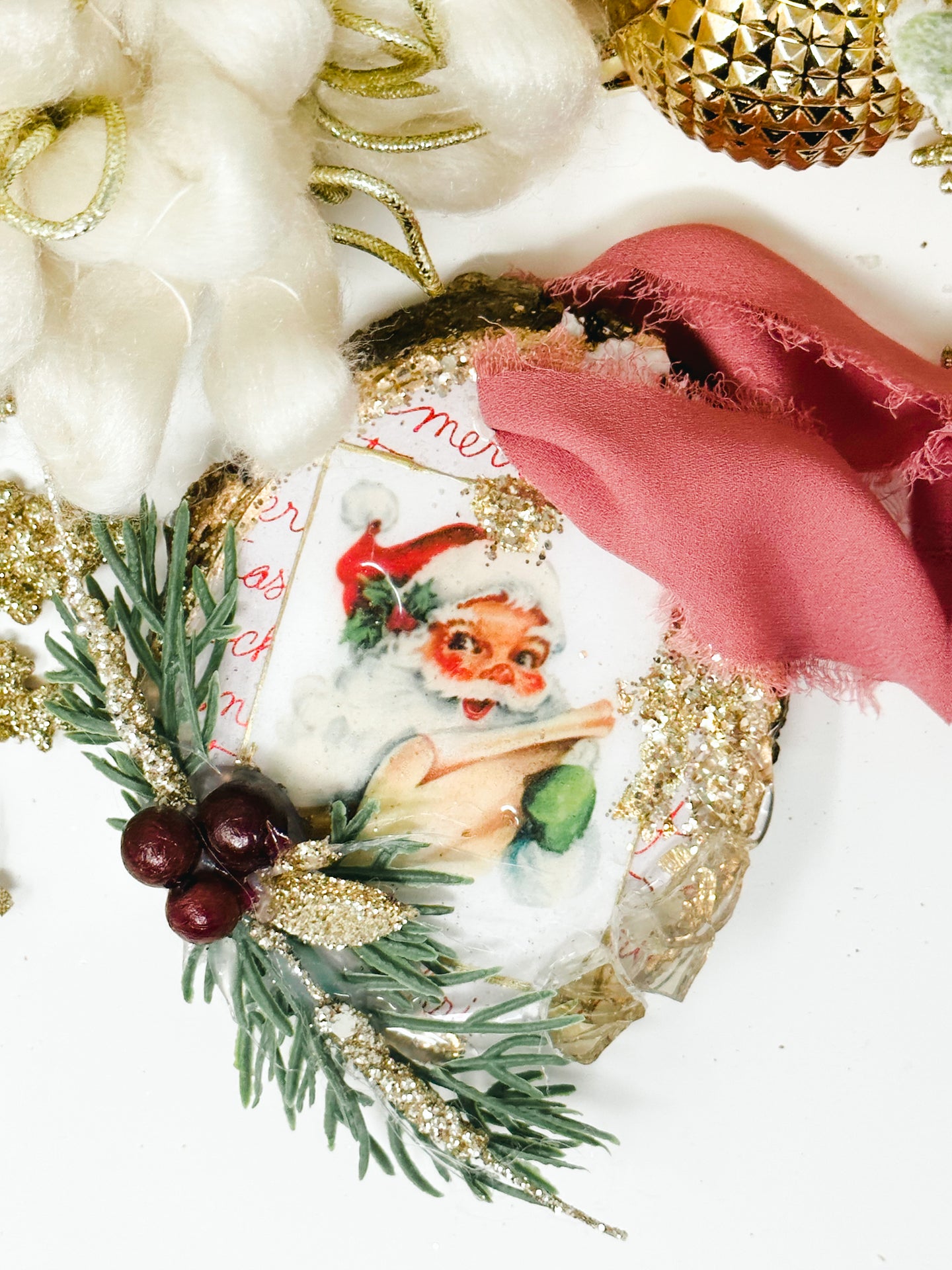Merry Christmas Vintage Santa with Holly Berries and Pine.