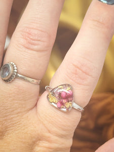 925 Sterling Silver Adjustable Ring-purple and berry flowers cast inside resin.
