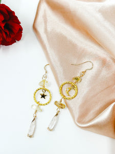 Moons and stars small hoops with sunstone and a tear drop crystal.