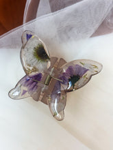 Load image into Gallery viewer, Matte Gray Butterfly Clip Infused with Real Flowers in Resin.