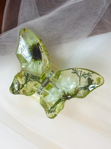 Crystal Green Butterfly Clip Infused with Real Flowers in Resin.