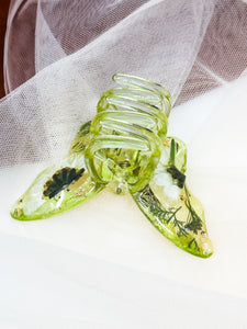 Crystal Green Butterfly Clip Infused with Real Flowers in Resin.