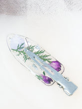 Load image into Gallery viewer, Clear No dent resin clip with Real White and Pink Toned Flowers and Greenery Cast Inside.