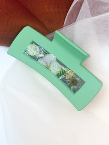 Pastel Green Claw Clip Infused with Real Flowers in Resin.