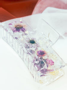 Crystal Clear Purple Daisy Claw Clip Infused with Real Flowers in Resin.