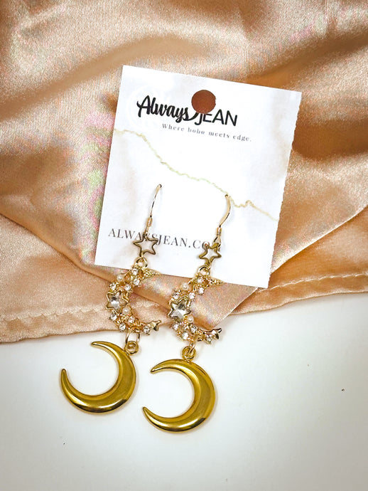 Double Moon and Star Earring Dangles-Gold, Gold Filled Hooks.