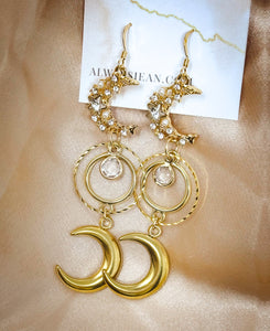 Moon Phases Faux Crystal Earring Dangles-Gold, Gold Filled Hooks