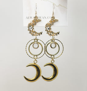 Moon Phases Faux Crystal Earring Dangles-Gold, Gold Filled Hooks