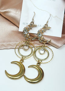 Moon Phases Faux Crystal Earring Dangles-Gold, Gold Filled Hooks