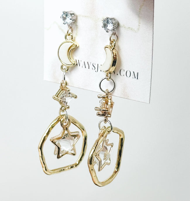Stud Moon and Star Earring Dangles-Gold, Stainless Steel Studs.