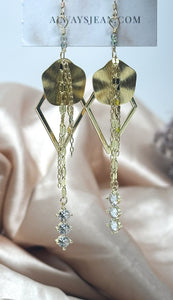 Triangle Faux Diamond Tassel Earring Dangles-Gold, Gold Filled Hooks.