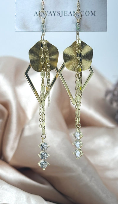 Triangle Faux Diamond Tassel Earring Dangles-Gold, Gold Filled Hooks.