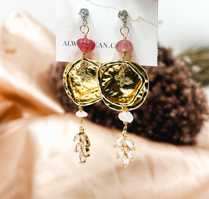 Butterfly and Coin Strawberry Quartz Earring Dangles-Gold, Stainless Steel Studs.