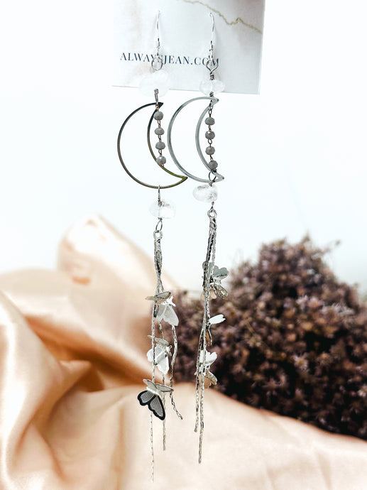 Dream Catcher Moon and Butterfly Tassel Earring Dangles-Silver, Sterling Silver Hooks.