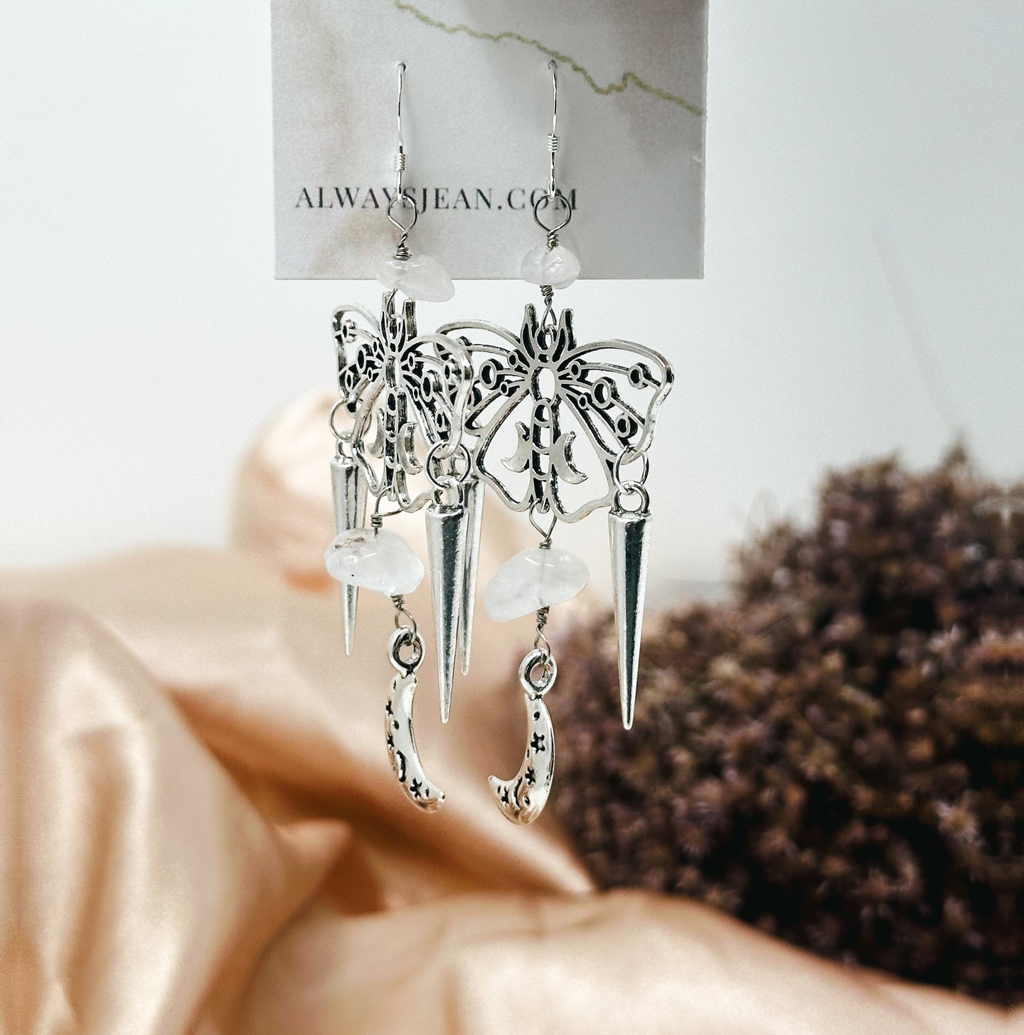 Moth and Moon Quartz and Spike Earring Dangles-Silver, Sterling Silver Hooks.