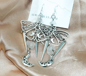 Moth and Moon Quartz and Spike Earring Dangles-Silver, Sterling Silver Hooks.