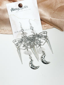 Moth and Moon Quartz and Spike Earring Dangles-Silver, Sterling Silver Hooks.