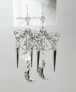 Moth and Moon Quartz and Spike Earring Dangles-Silver, Sterling Silver Hooks.