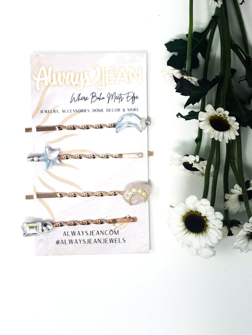 Rose Quartz, Faux Diamond, Moons and Stars Bobby Pin Set- Celestial, gemstone hair accessories- fun wedding hair accessories