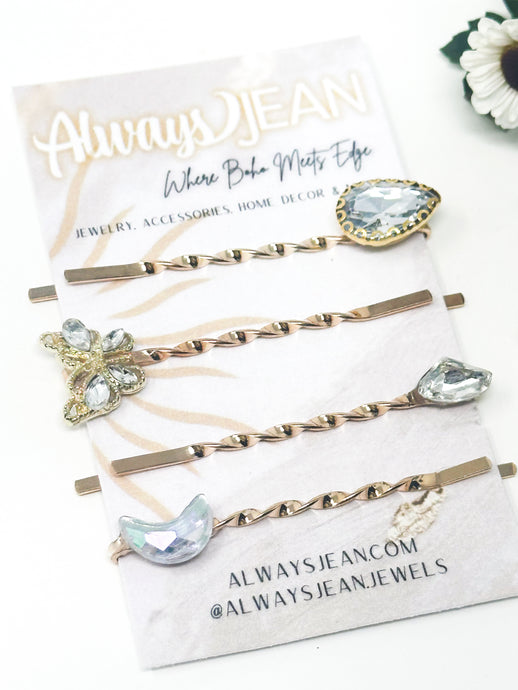 Butterfly and Moon Faux Diamond Pin Set- Celestial, gemstone hair accessories- fun wedding hair accessories